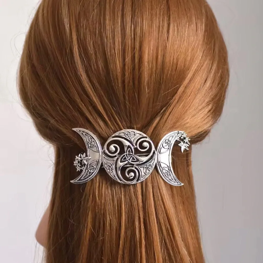 Triple Moon Silver Hair Barrette - Celtic Design